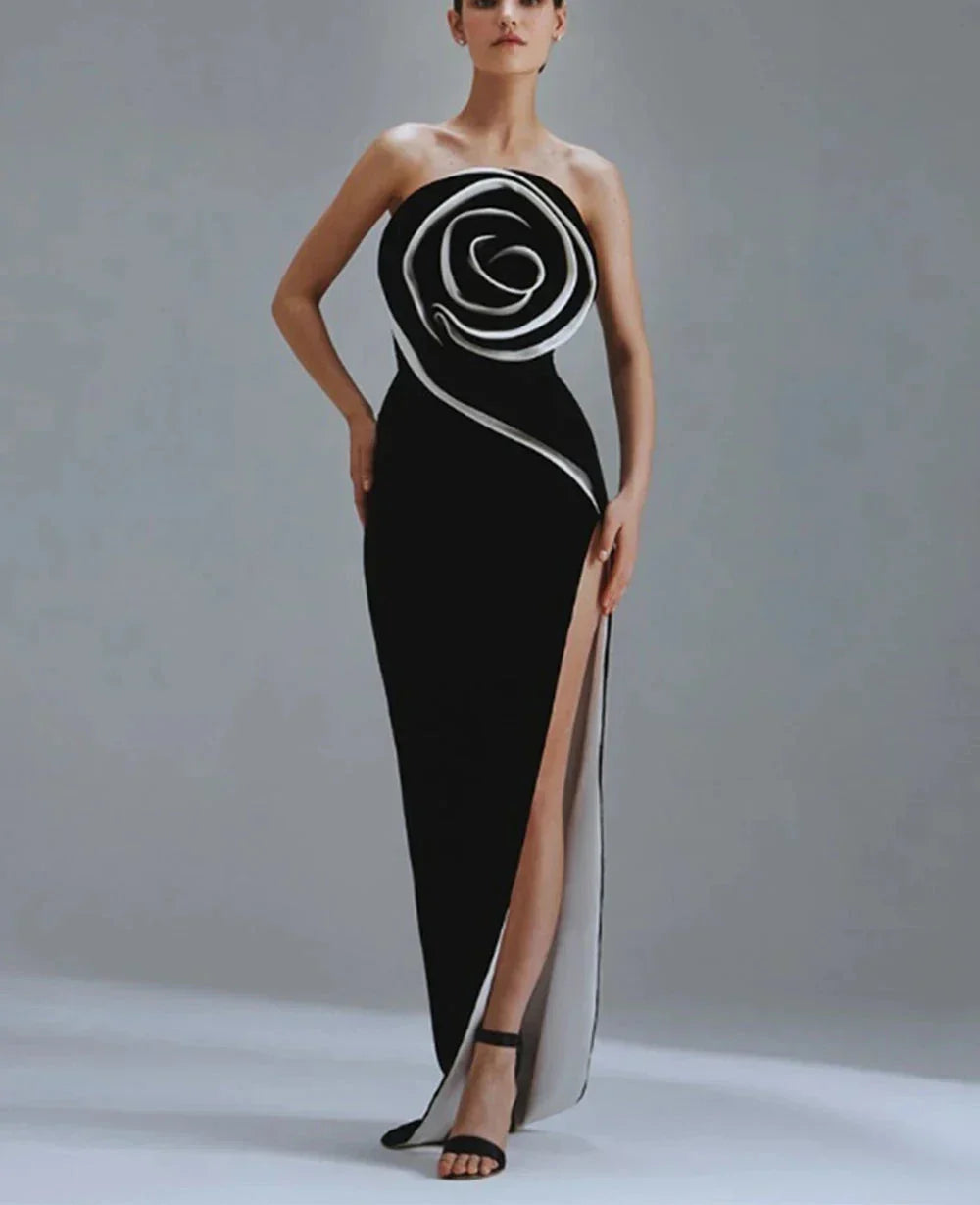 3D Flower Strapless Asymmetric Black Maxi Dress Mssaz Desses