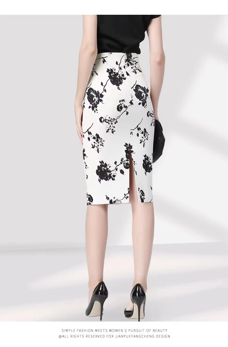 Elegant Floral Printed High Waist Back Slit Midi Pencil Skinny Skirts Mssza