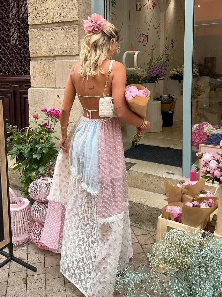 Lace Patchwork Halter Maxi Dress Mssaz Desses