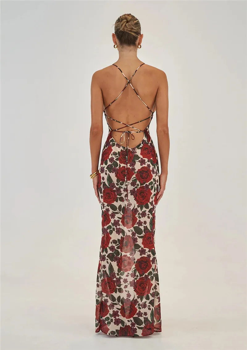 Red Floral Maxi Dress with Cowl Neck & Tie Back Mssaz Desses
