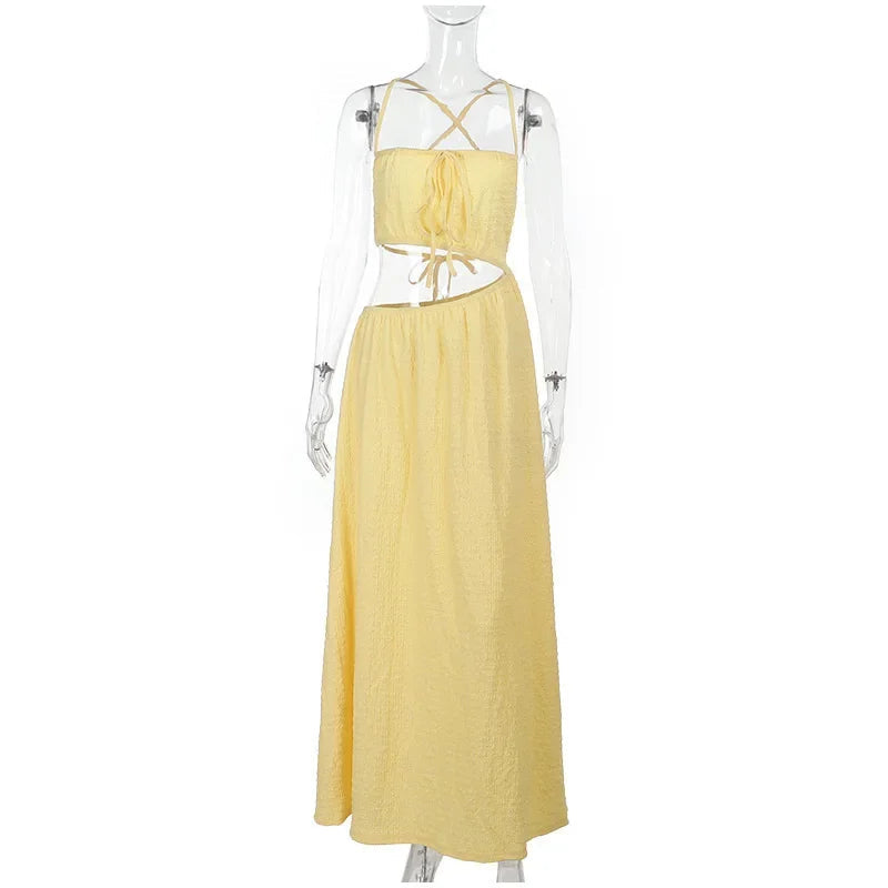 Lace Up Solid Color Open Back Long Dress Mssaz Desses
