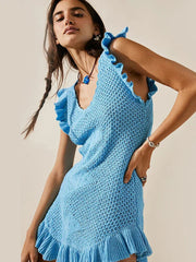 Ruffled Crochet Hollow Out Knit Beach Mini Dress Mssaz Desses