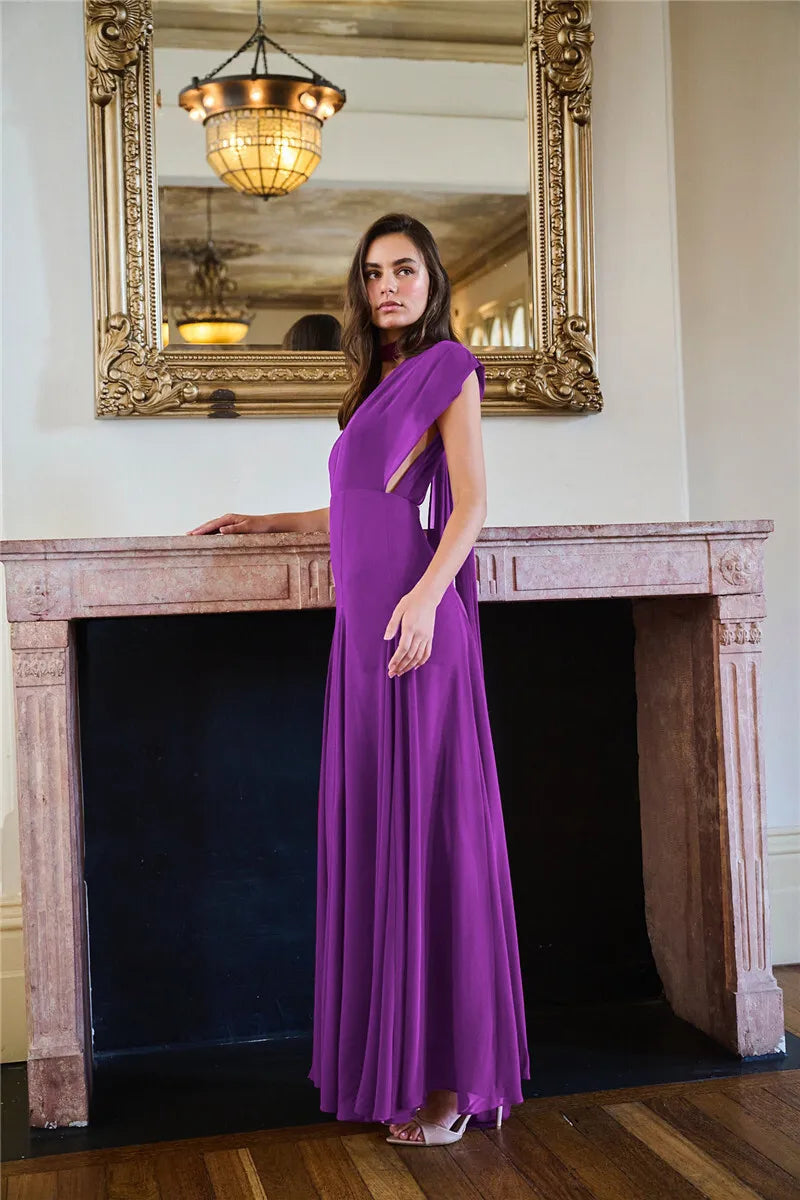 Deep V Purple Maxi Dress High Slit Mssaz Desses