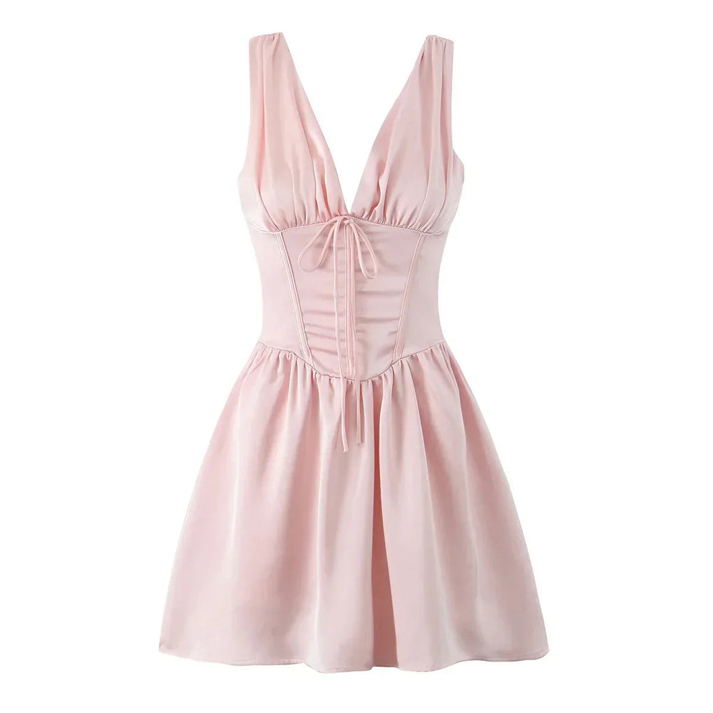 Stain Pleated Ruched Strap Bow Folds Hem Mini Dress Mssaz Desses