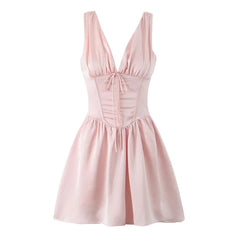 Stain Pleated Ruched Strap Bow Folds Hem Mini Dress Mssaz Desses