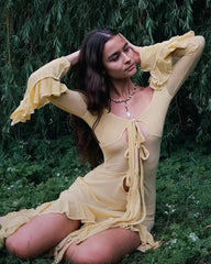 Slim-Fit See-Through V-Neck Long Sleeve Dress Mssaz Desses