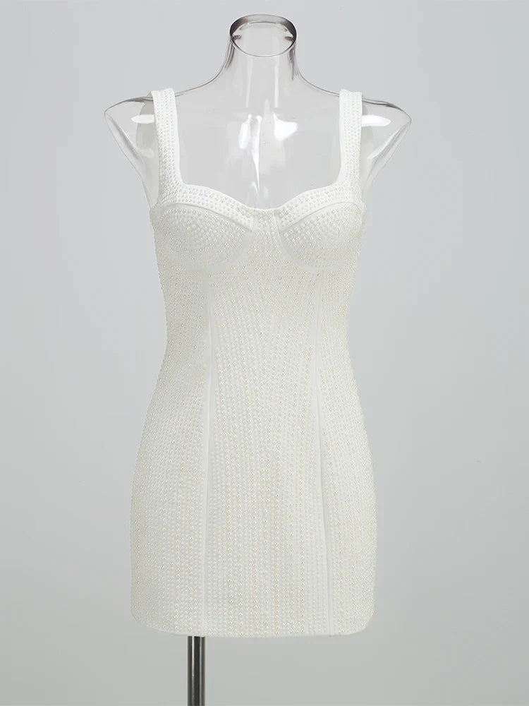 White Spaghetti Strap Diamonds Mini Dress Mssaz Desses