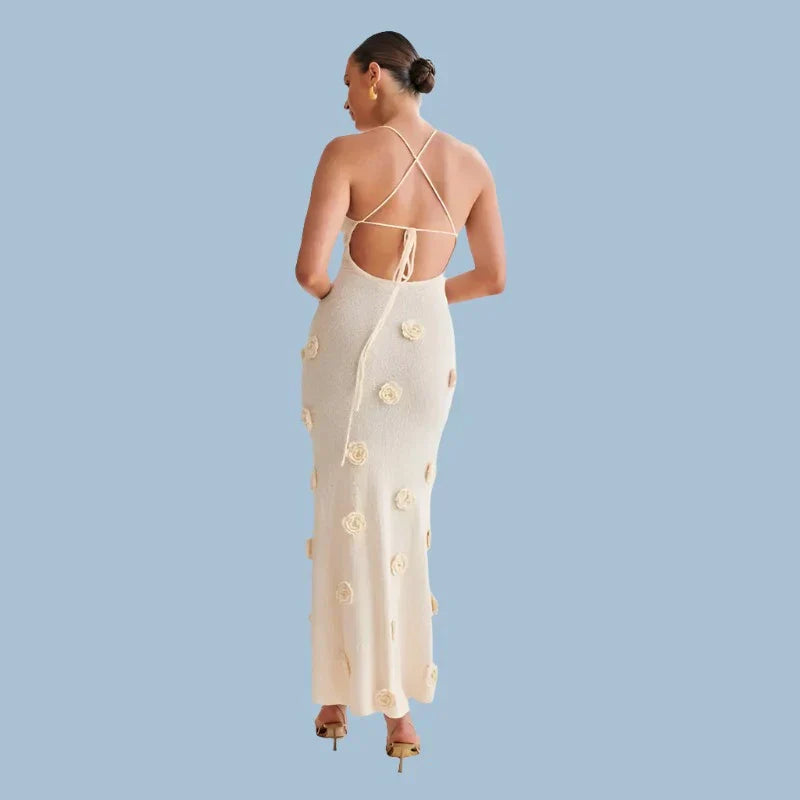 Halter Neck Flower Patchwork Lace-up Maxi Dress Mssaz Desses