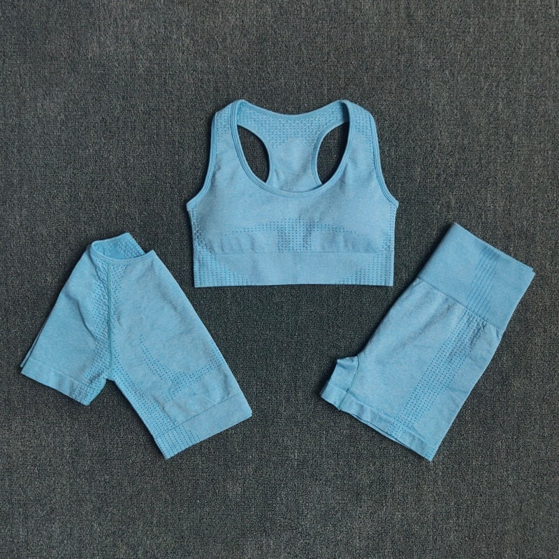 Seamless Three Pieces Yoga Set Workout Bra Crop Top Sports Suits Mssza