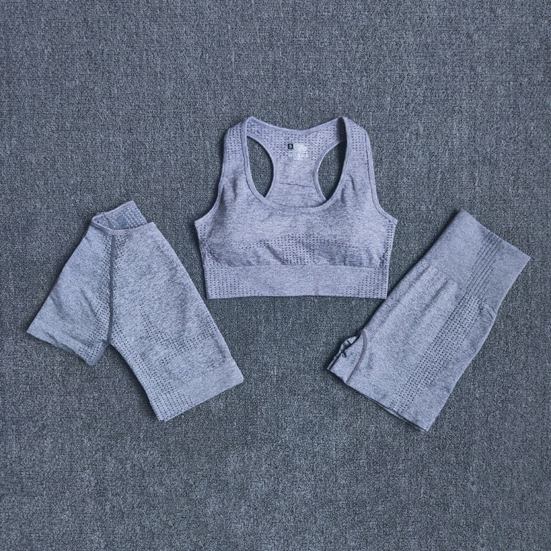 Seamless Three Pieces Yoga Set Workout Bra Crop Top Sports Suits Mssza