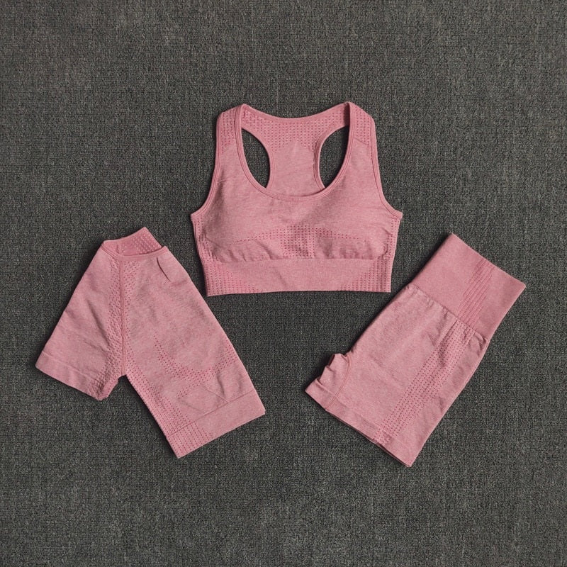 Seamless Three Pieces Yoga Set Workout Bra Crop Top Sports Suits Mssza
