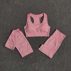 Seamless Three Pieces Yoga Set Workout Bra Crop Top Sports Suits Mssza