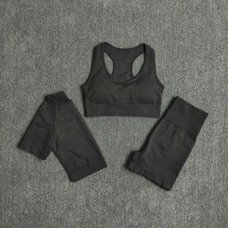 Seamless Three Pieces Yoga Set Workout Bra Crop Top Sports Suits Mssza