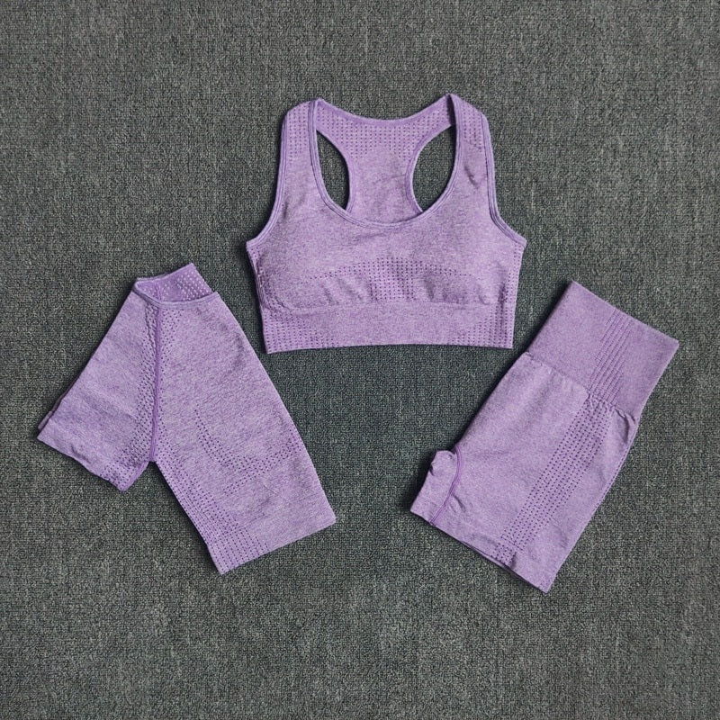 Seamless Three Pieces Yoga Set Workout Bra Crop Top Sports Suits Mssza