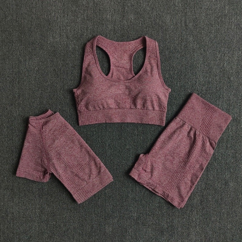 Seamless Three Pieces Yoga Set Workout Bra Crop Top Sports Suits Mssza
