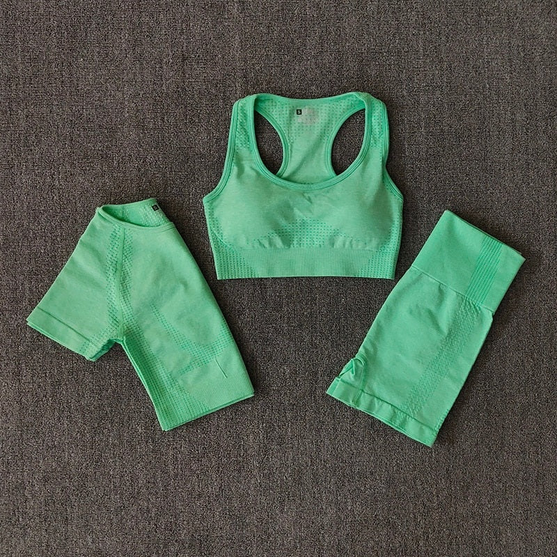 Seamless Three Pieces Yoga Set Workout Bra Crop Top Sports Suits Mssza