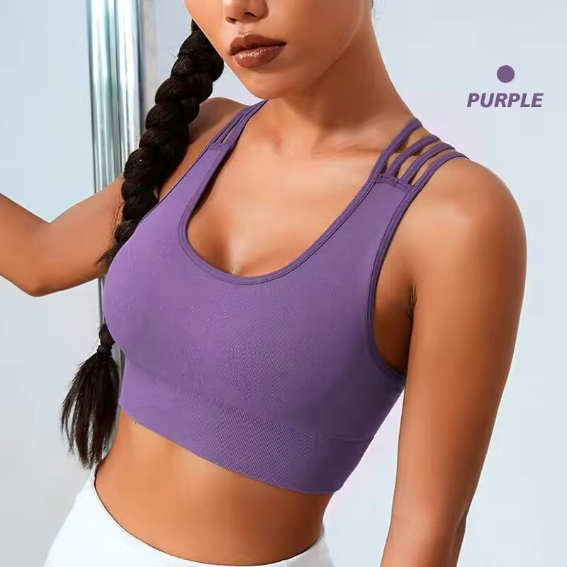 Seamless With Eight Straps Cross Solid Color High Elastic Sports Bra Mssza