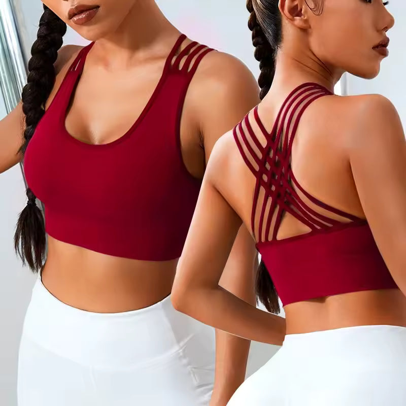 Seamless With Eight Straps Cross Solid Color High Elastic Sports Bra Mssza