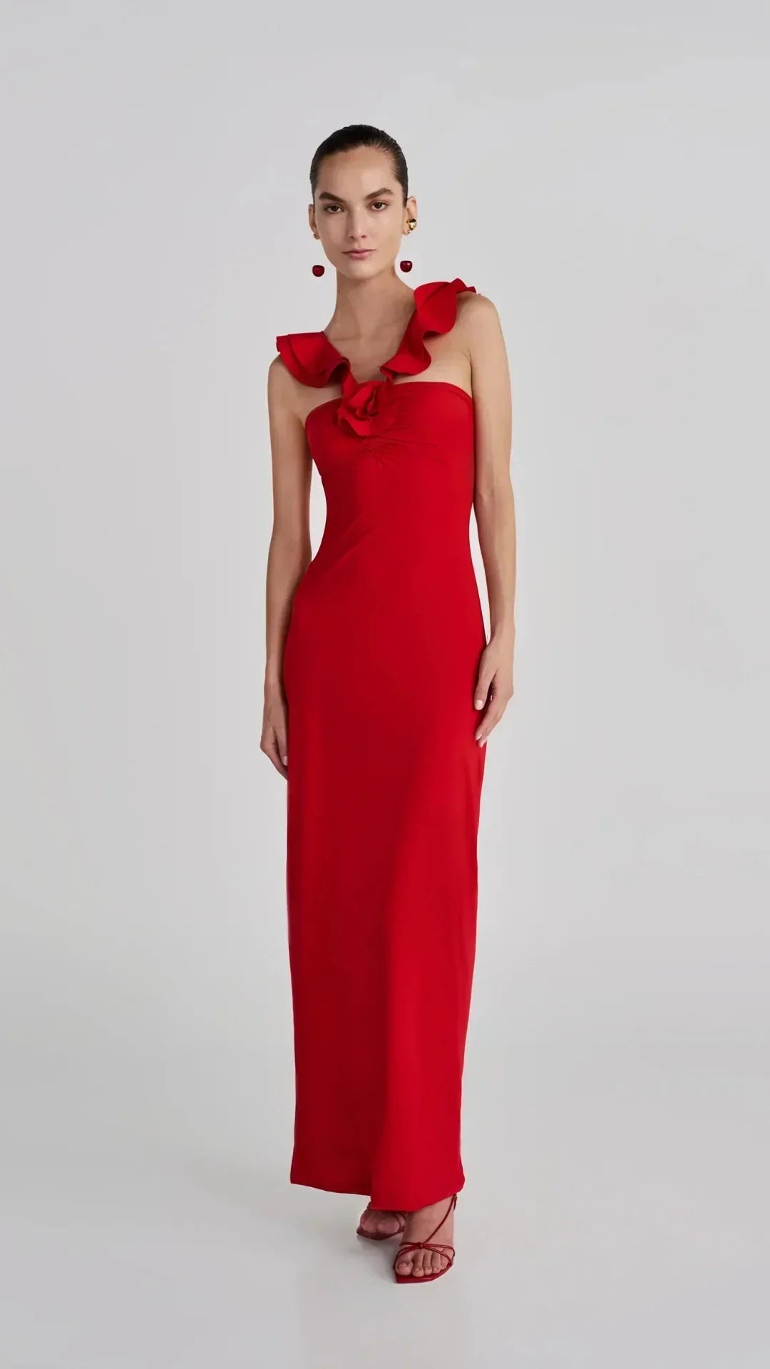Red Flower Ruffles Strap Maxi Dress Mssaz Desses