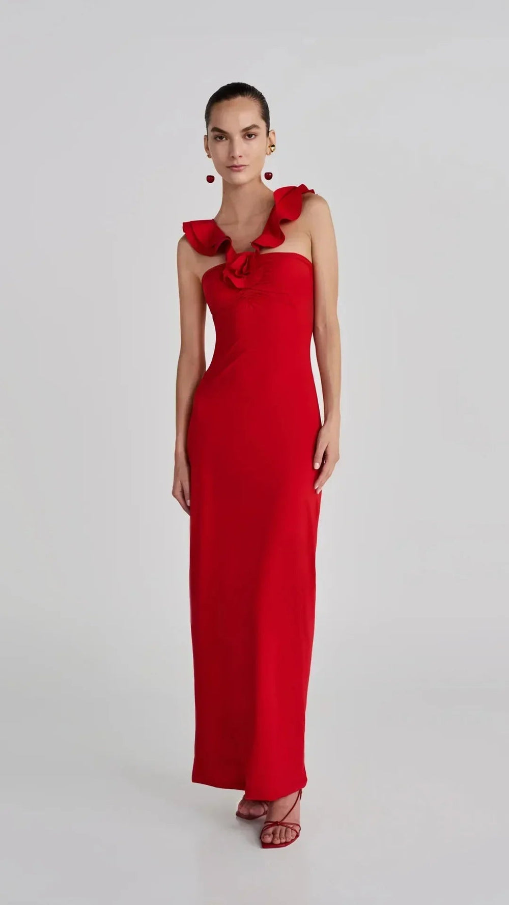 Red Flower Ruffles Strap Maxi Dress Mssaz Desses