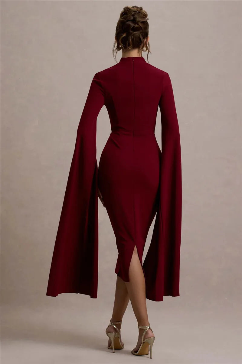 Cape Long Sleeve Square Collar Midi Dress Mssaz Desses