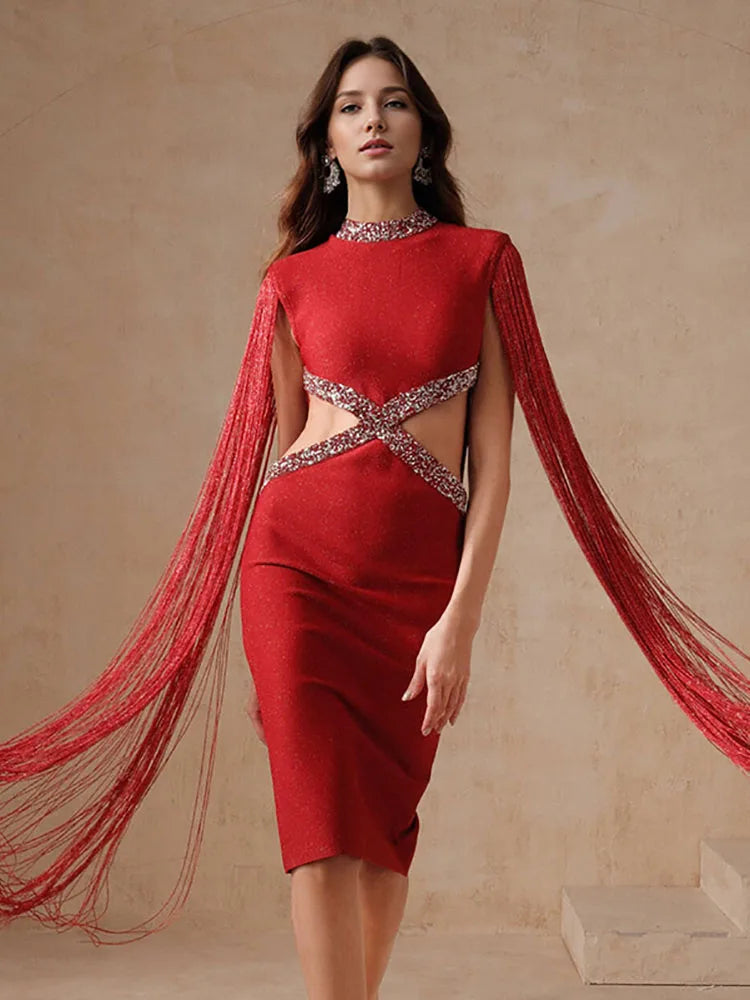 Fringe Sleeve Tassel Sequined Midi Dress Mssaz Desses