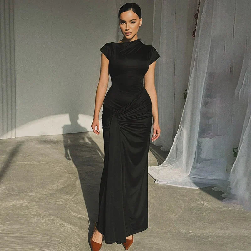 Short Sleeve Maxi Dress Curvy Silhouette & Flattering Tie-Up Mssaz Desses