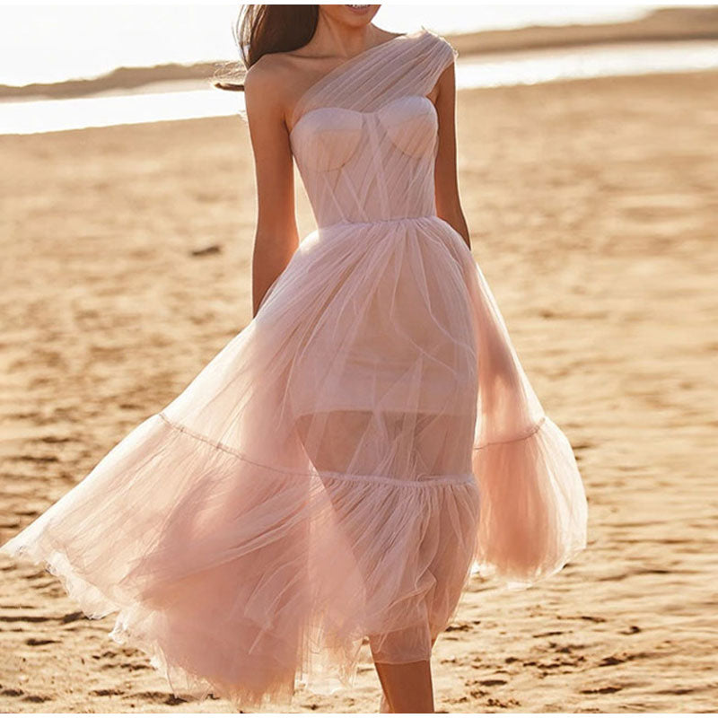 One Shoulder Tulle Mesh Evening Party A-Line Tutu Dress Mssaz Desses