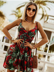 V Neck Floral Print Spaghetti Strap Sleeveless Beach Dress Mssaz Desses