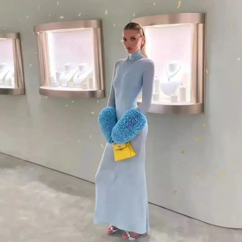 Ruffle Pleated Sleeve Blue Long Dress for Women Mssaz Desses