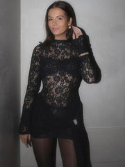 Lace Black Long Sleeve Print Floral Dress Mssaz Desses