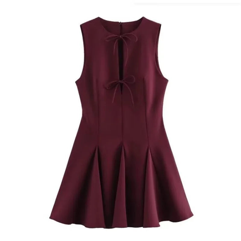 Hollow Out Bow Solid Sleeveless Pleated Dress Mssaz Desses