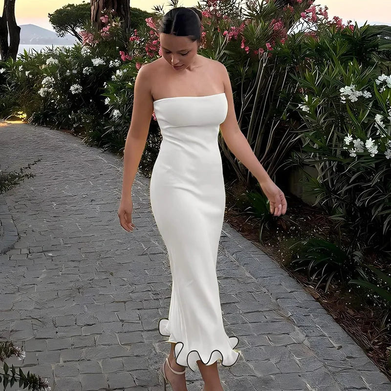 Frill Trim Tube Midi Dress Mssaz Desses
