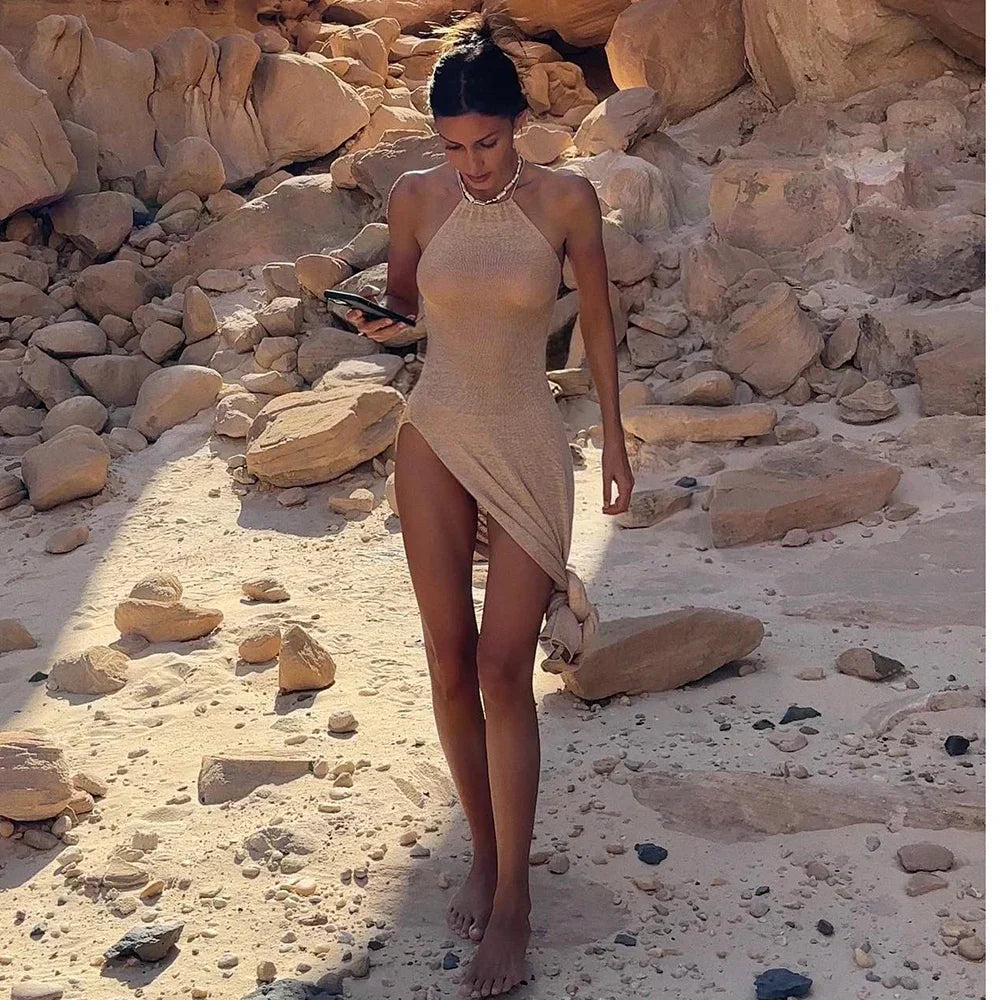 Knitted Cover Up Slit Bodycon Halter Neck Long Dress Mssaz Desses