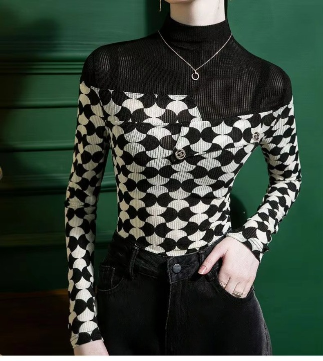 Printed Casual Half High Collar Spliced  Korean Slim Long Sleeve Printed T-shirt Mssza