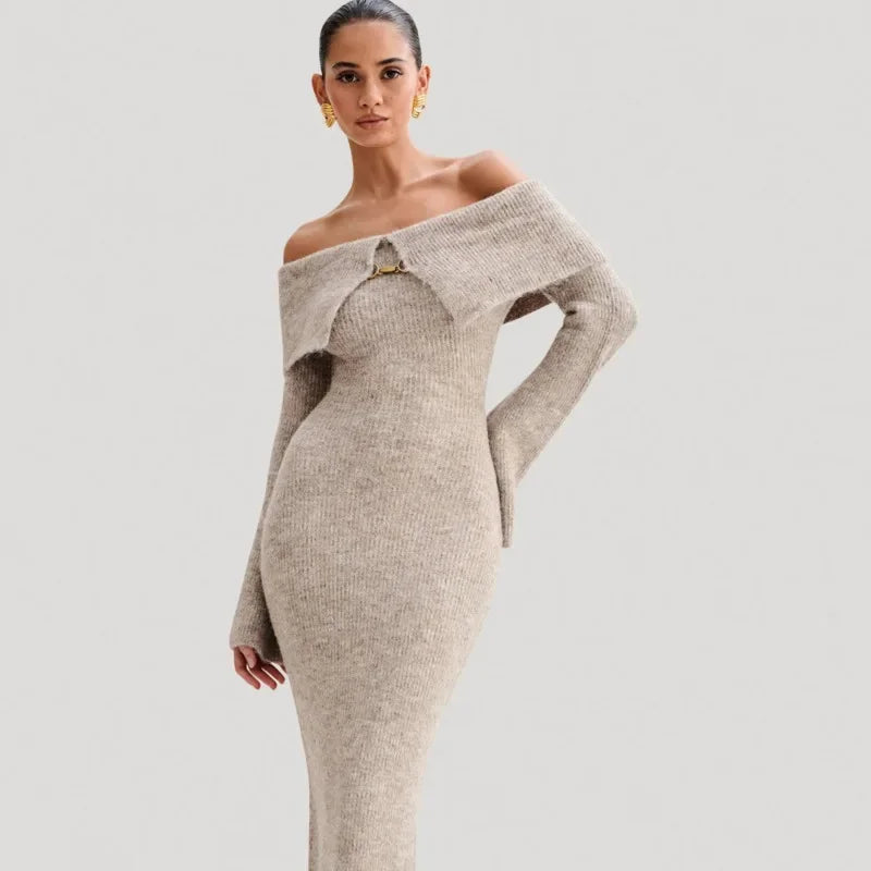 Fluffy Solid Knitted Off Shoulder Midi Dress Mssaz Desses