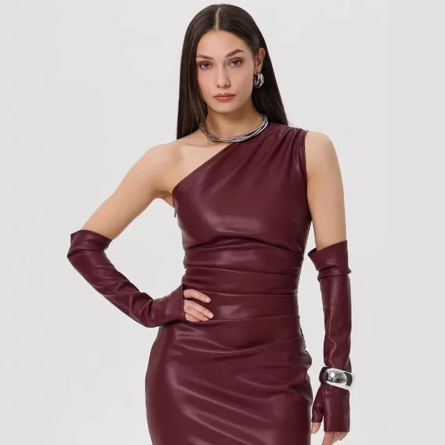 Off-Shoulder Strapless Faux Leather Patchwork Dress Mssaz Desses