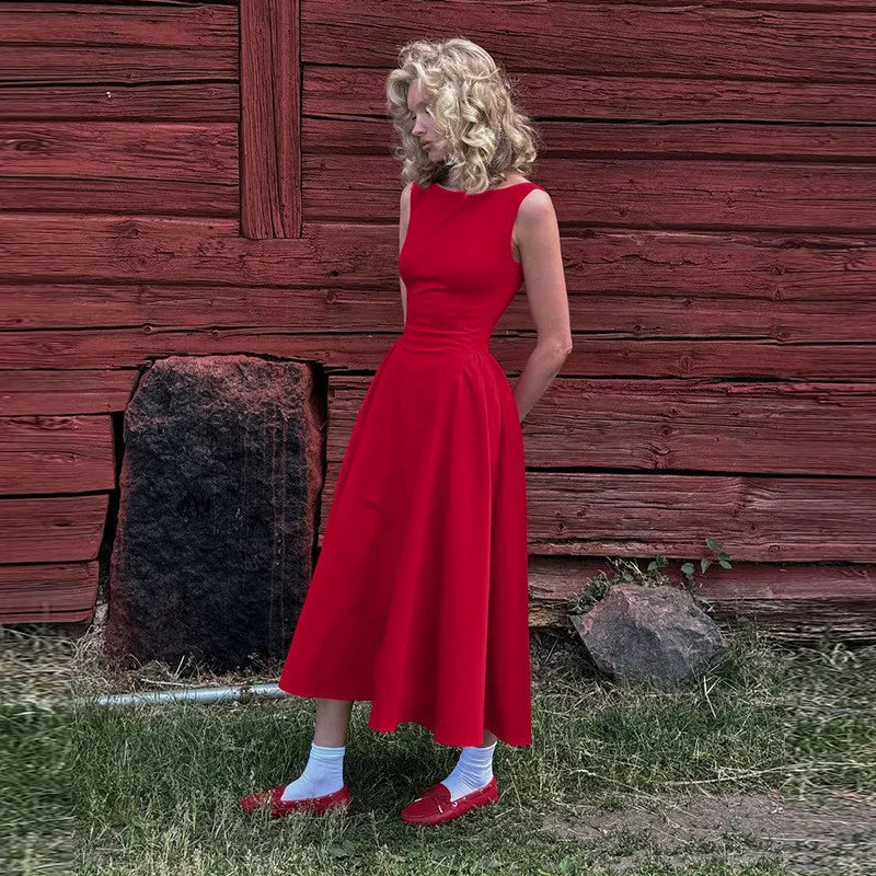 Straight Neck Sleeveless Flare Midi Dress Mssaz Desses
