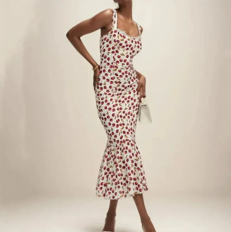 Cherry Print Ruffles Hem Trumpet Midi Dress Mssaz Desses