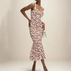 Cherry Print Ruffles Hem Trumpet Midi Dress Mssaz Desses