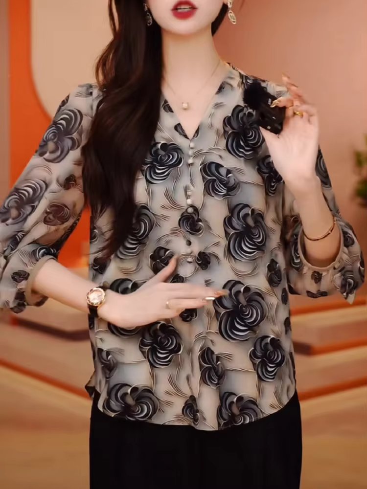 Flowers V-neck  Stylish Sweet Ruffles Spliced Loose Shirt Mssza