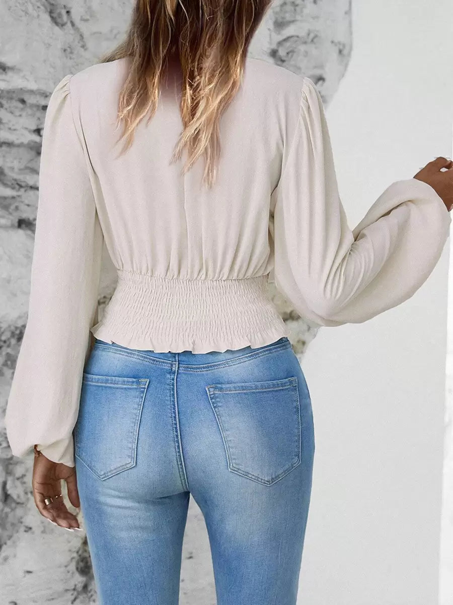V Neck Long Sleeves Waist Elegant And Vintage Layered Crop Top Mssza