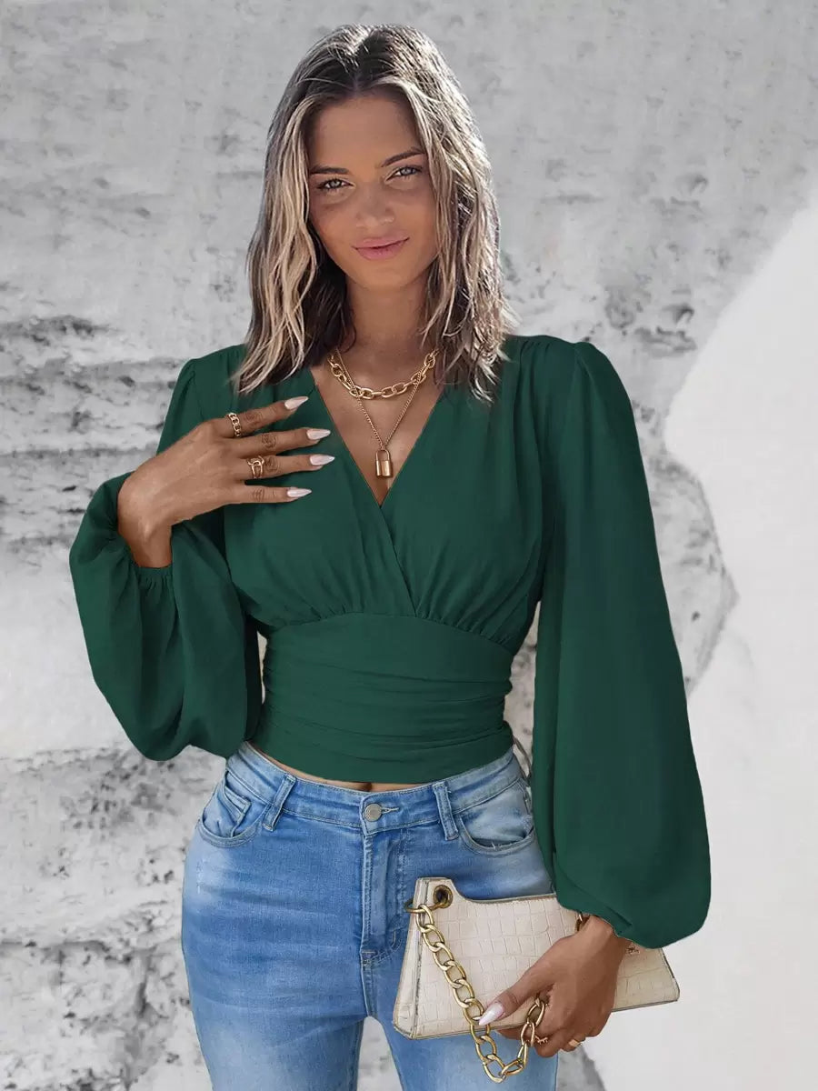 V Neck Long Sleeves Waist Elegant And Vintage Layered Crop Top Mssza