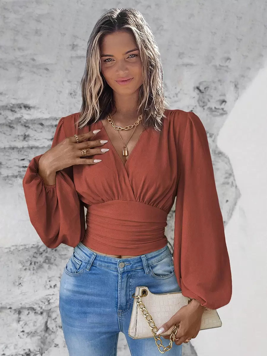 V Neck Long Sleeves Waist Elegant And Vintage Layered Crop Top Mssza