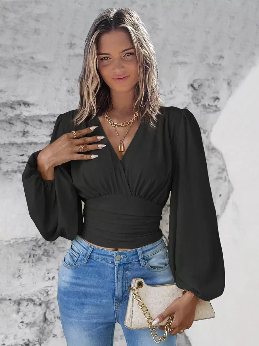 V Neck Long Sleeves Waist Elegant And Vintage Layered Crop Top Mssza