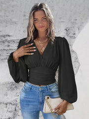 V Neck Long Sleeves Waist Elegant And Vintage Layered Crop Top Mssza