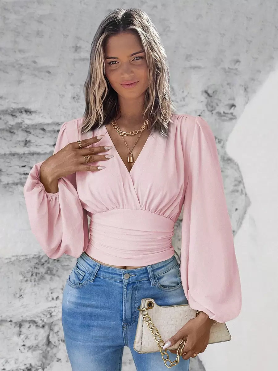 V Neck Long Sleeves Waist Elegant And Vintage Layered Crop Top Mssza