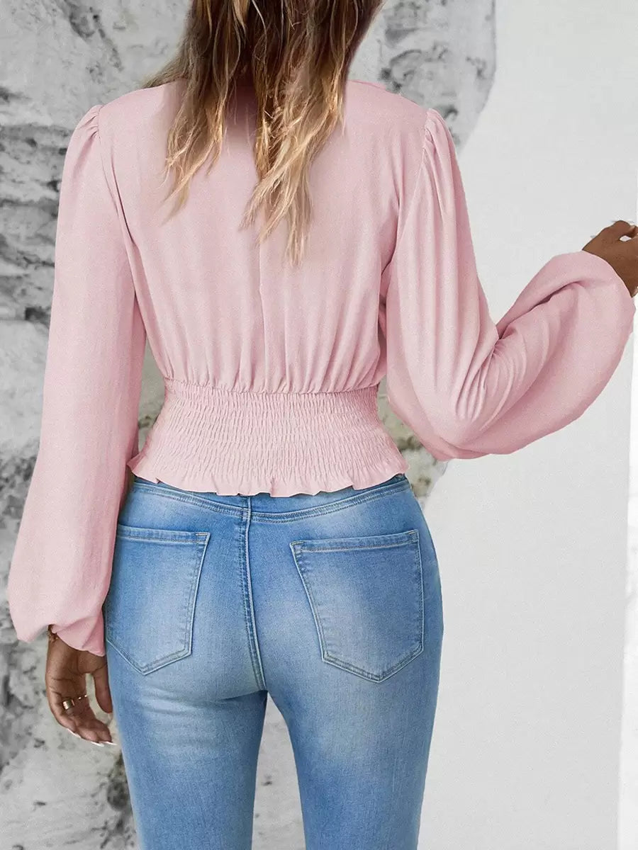 V Neck Long Sleeves Waist Elegant And Vintage Layered Crop Top Mssza