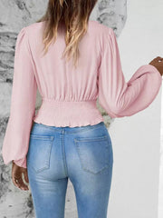 V Neck Long Sleeves Waist Elegant And Vintage Layered Crop Top Mssza