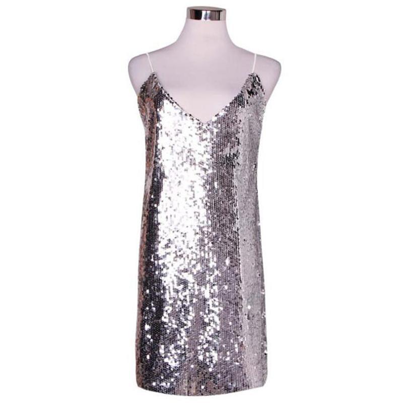 Sequin Mini Dress Spaghetti Strap Deep V-neck Dress  Sleeveless Party Dresses Mssaz Desses